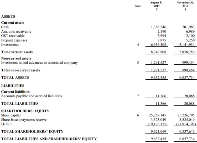 The balance sheet of Rockshield Capital as of August 31, 2017.