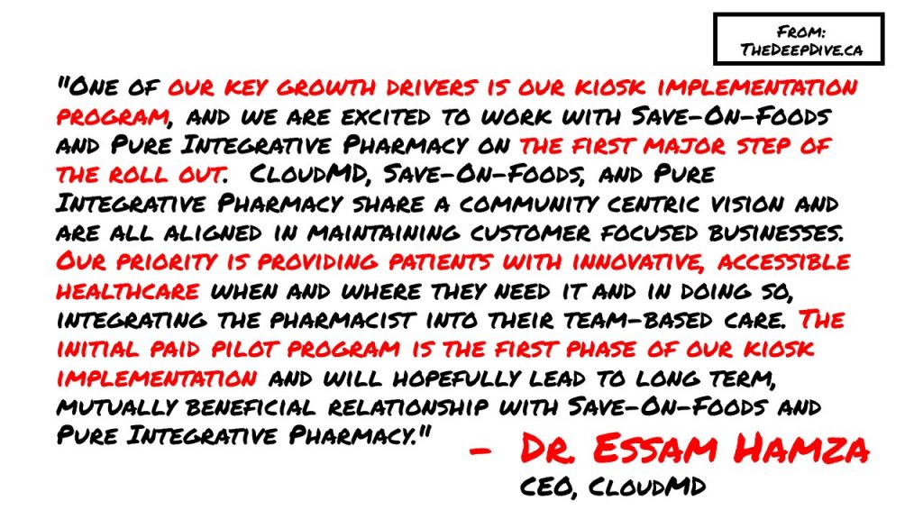 "One of our key growth drivers is our kiosk implementation program, and we are excited to work with Save-On-Foods and Pure Integrative Pharmacy on the first major step of the roll out. CloudMD, Save-On-Foods, and Pure Integrative Pharmacy share a community centric vision and are all aligned in maintaining customer focused businesses. Our priority is providing patients with innovative, accessible healthcare when and where they need it and in doing so, integrating the pharmacist into their team-based care. The initial paid pilot program is the first phase of our kiosk implementation and will hopefully lead to long term, mutually beneficial relationship with Save-On-Foods and Pure Integrative Pharmacy."
Dr Essam Hamza, CEO